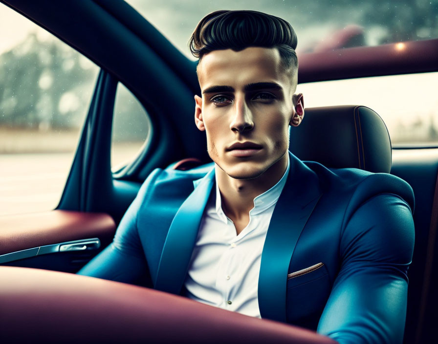 Stylized illustration of man in blue suit in car with rain-splattered window