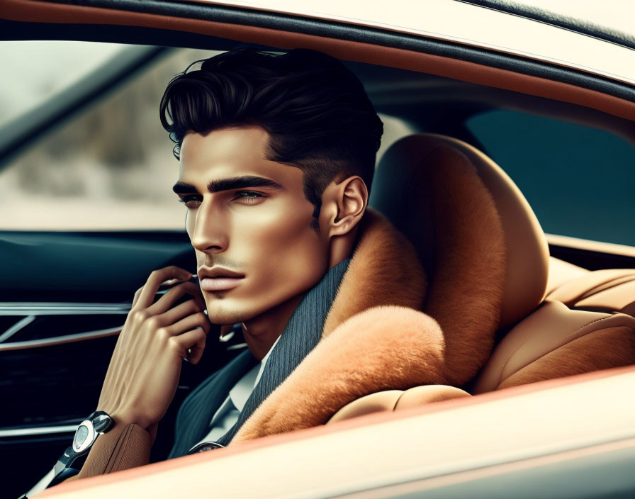 Illustration of man in fur collar coat in luxury car interior