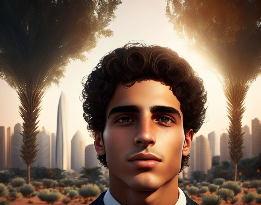 Digital artwork: Young man with curly hair against futuristic cityscape