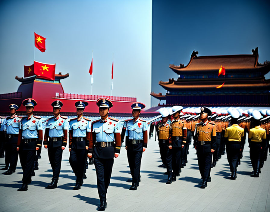 Military personnel marching in ceremony near iconic Chinese building & national flags