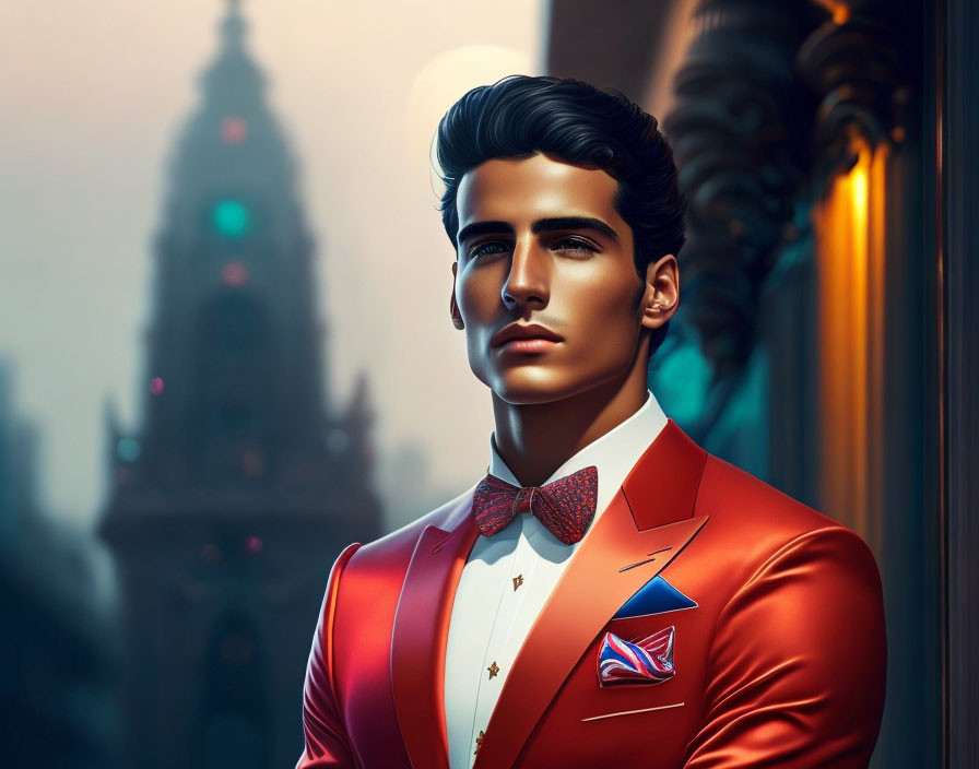 Stylized illustration of man in red tuxedo against city backdrop