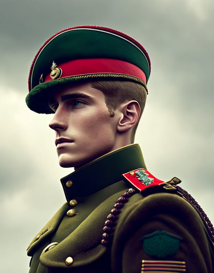 Man in Green Military Uniform with Red Cap and Badges Against Cloudy Sky