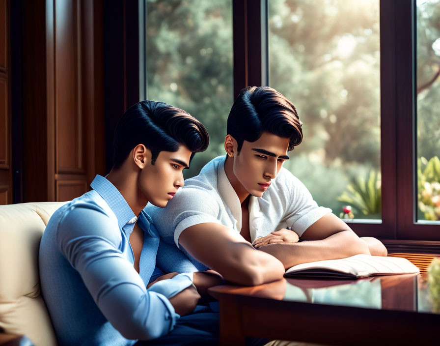 Two young men reading a book on a couch by a large window with a tree view.