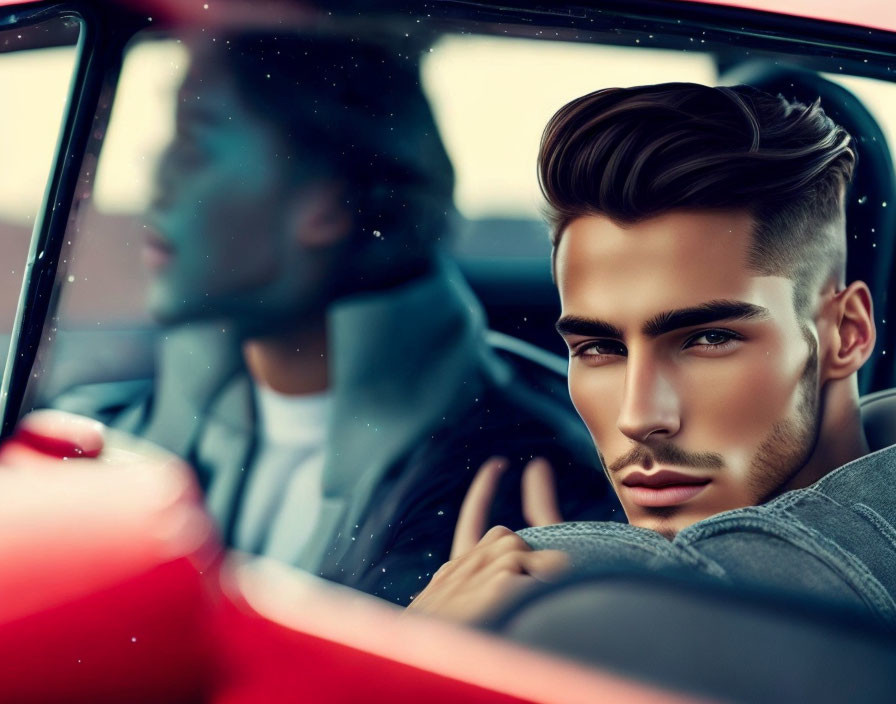 Stylish man with groomed facial hair in red car pose confidently