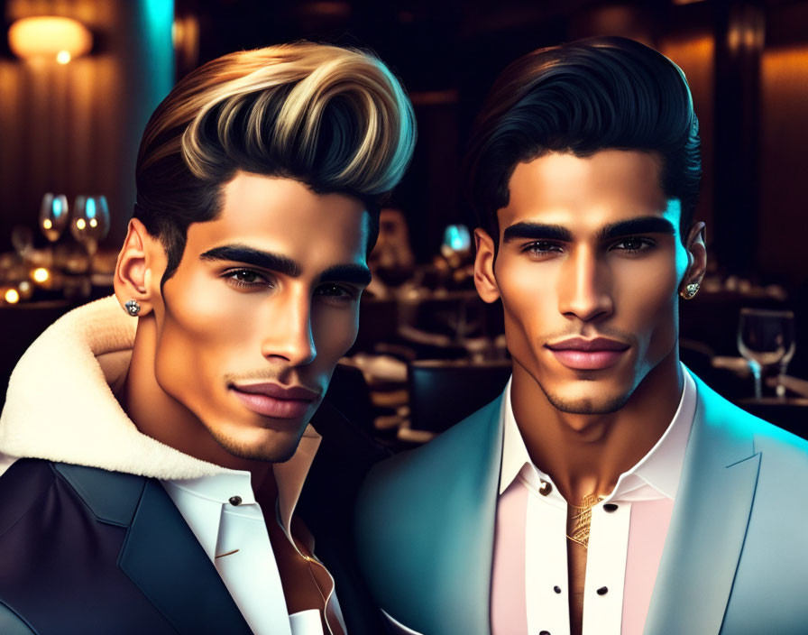 Stylish animated men in fashionable suits and modern hairstyles