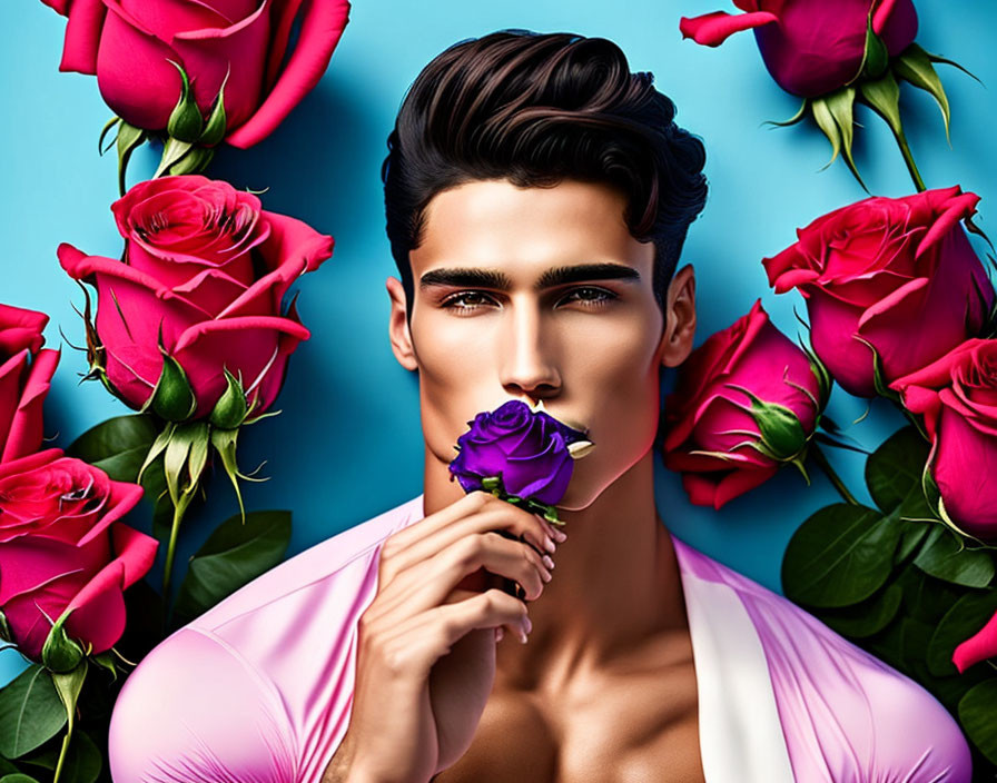 Stylish man holding purple rose in vibrant floral setting