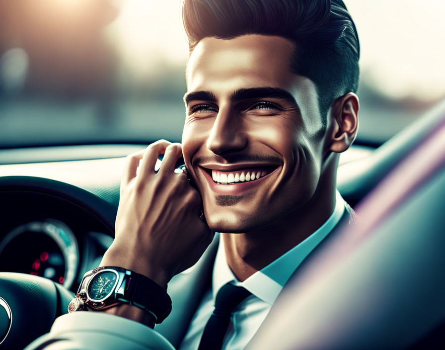 Smiling man in suit with watch talking on phone in car at sunset