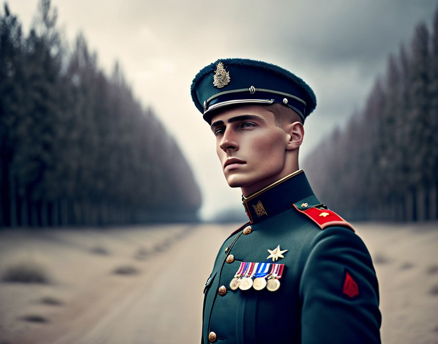 Male soldier in uniform with medals on deserted road among bare trees under overcast sky