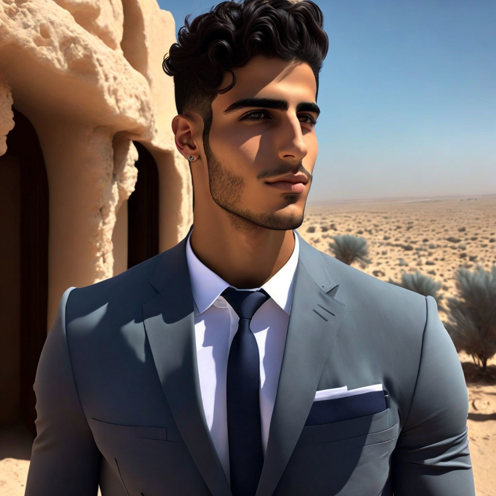 Curly-Haired Man in Suit Standing in Desert Landscape