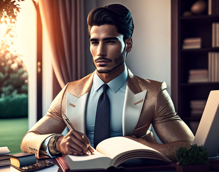 Stylish man with a beard writing at desk with bookshelf and sunlit window