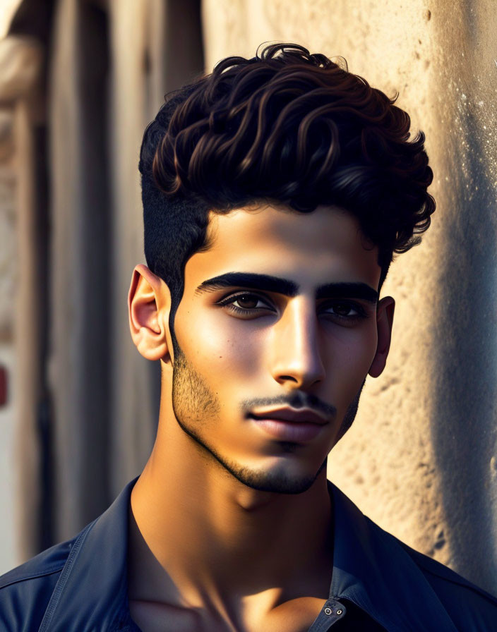 Young man with voluminous curly hair in golden sunlight