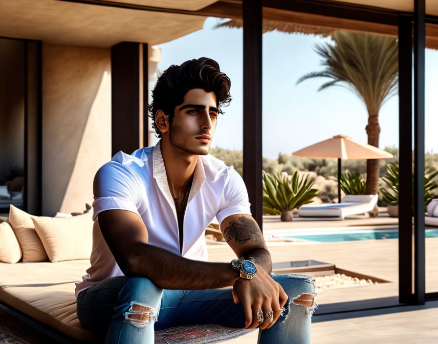 Tattooed man in white shirt and jeans sitting on sofa outdoors