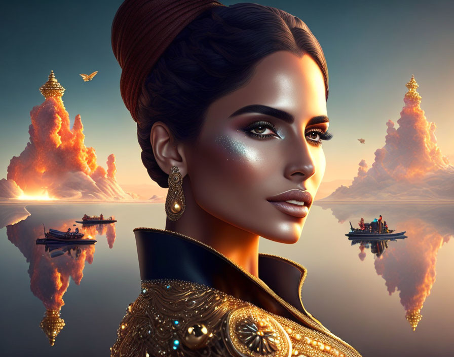 Digital artwork: Elegant woman with striking makeup in sunset backdrop