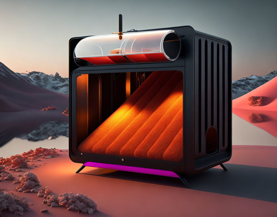 Vintage TV with glowing orange screen in surreal desert landscape