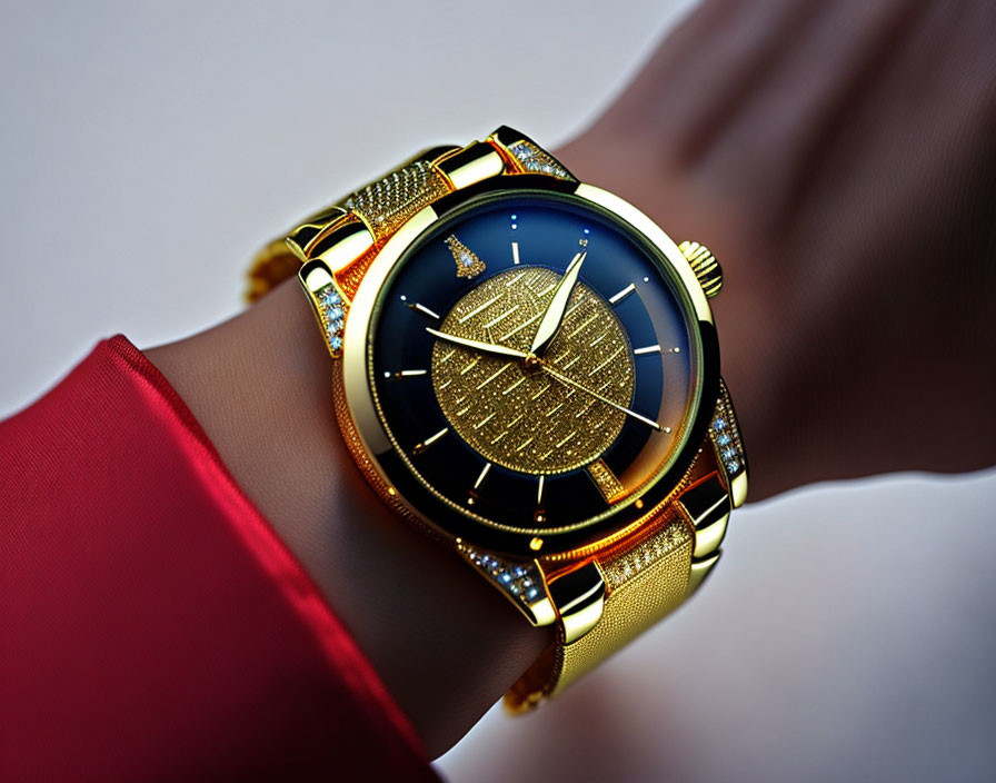 Luxurious Gold Watch with Diamond Bezel & Sailboat Design on Red Sleeve