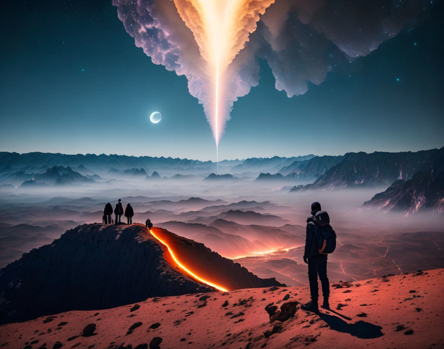 Person observing group on ridge with comet, crescent moon, and volcanic landscape.