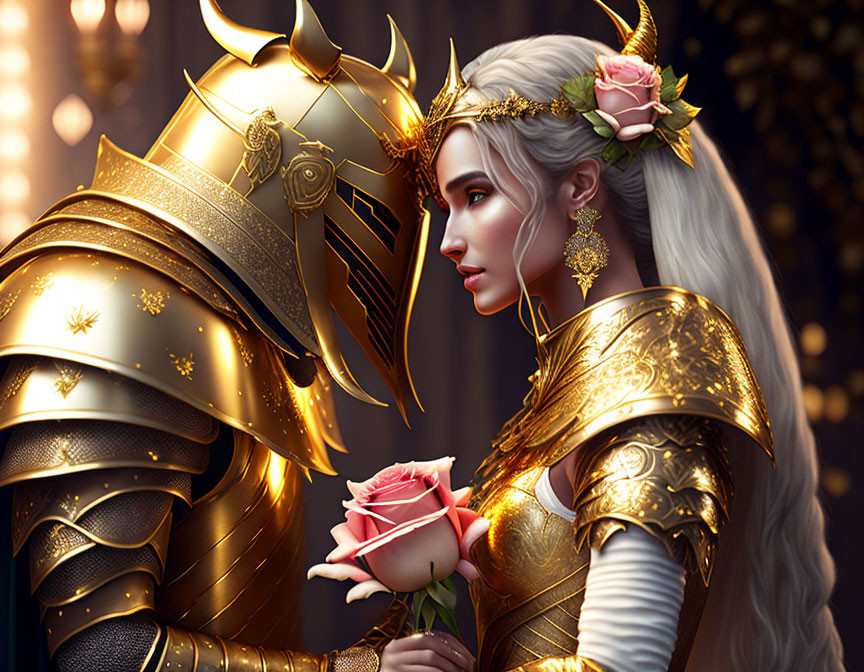 White-Haired Woman in Golden Armor with Rose and Horned Helmet