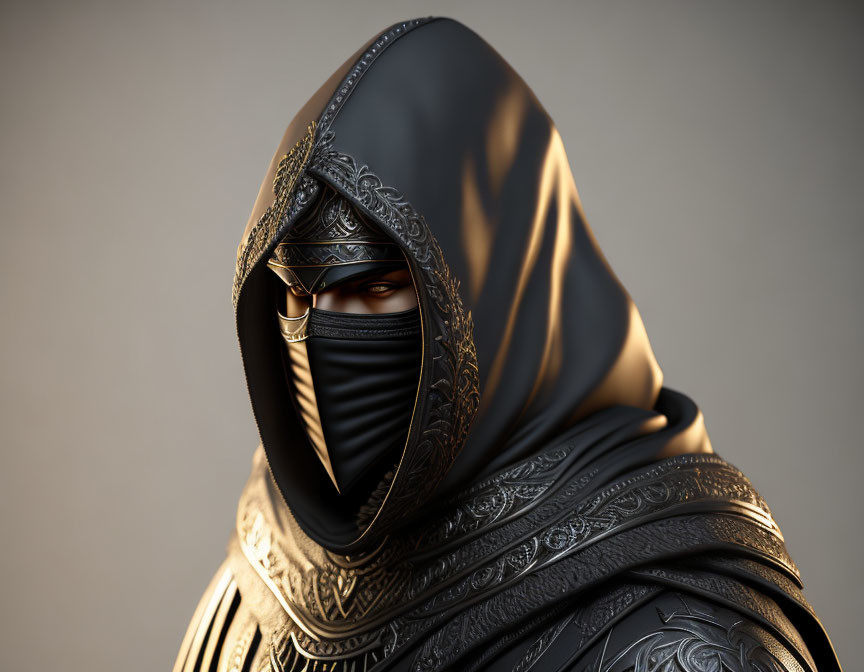 Detailed Black Hood and Mask with Gold Accents Concealing Identity