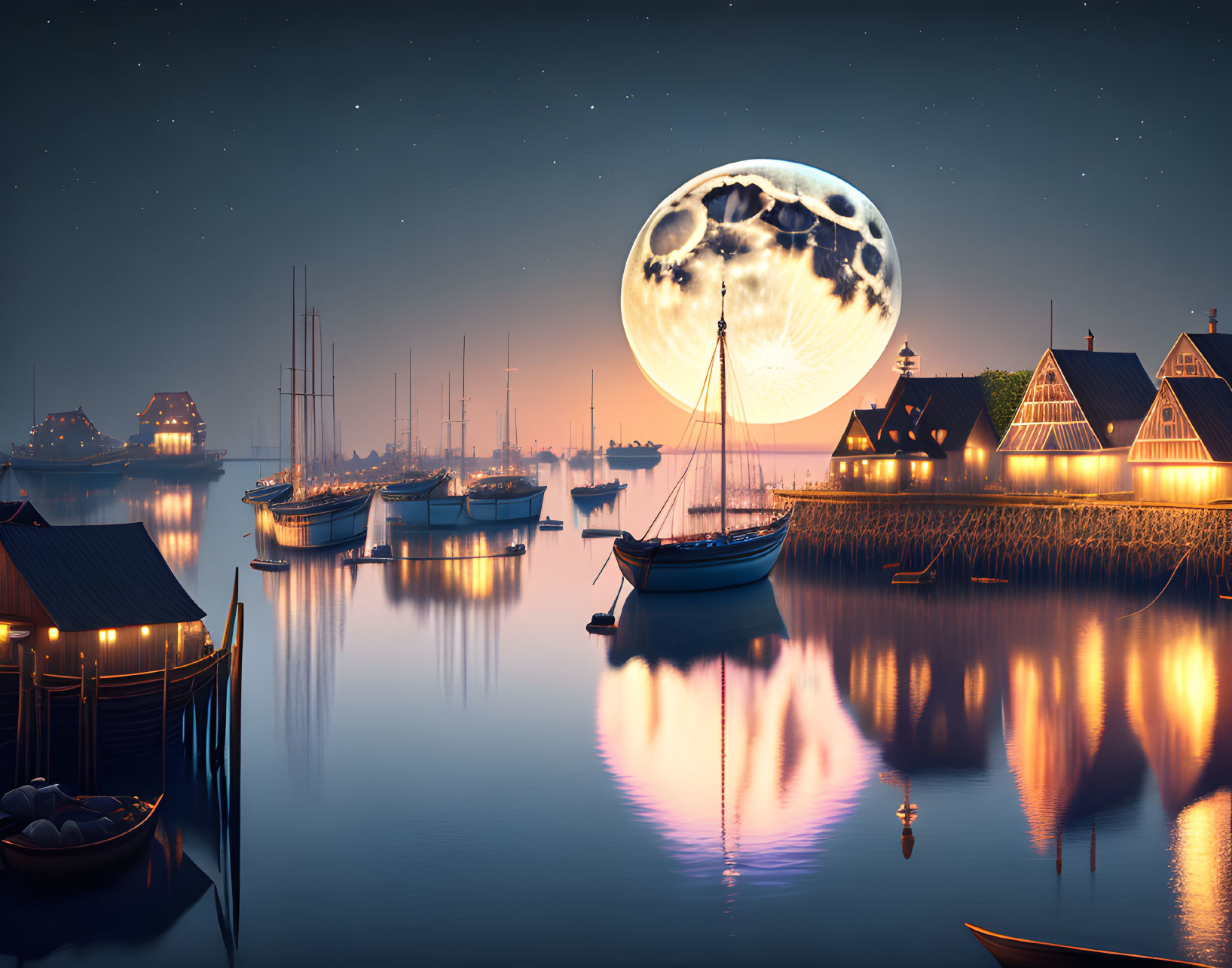 Night scene of tranquil harbor with illuminated waterfront houses, boats, full moon, and starry sky