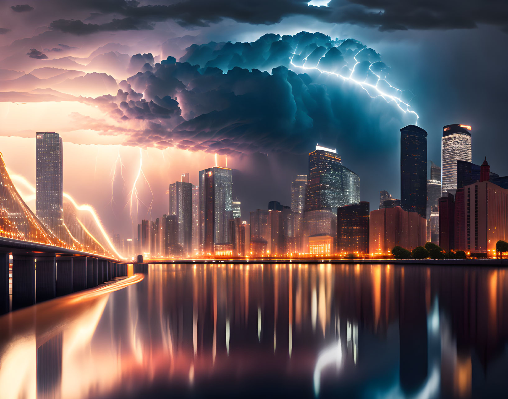 Vibrant lightning storm illuminating cityscape at night