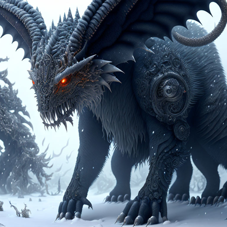 Detailed mythical dragon with armor-like scales and glowing eyes in snowy landscape