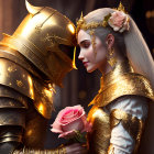 White-Haired Woman in Golden Armor with Rose and Horned Helmet