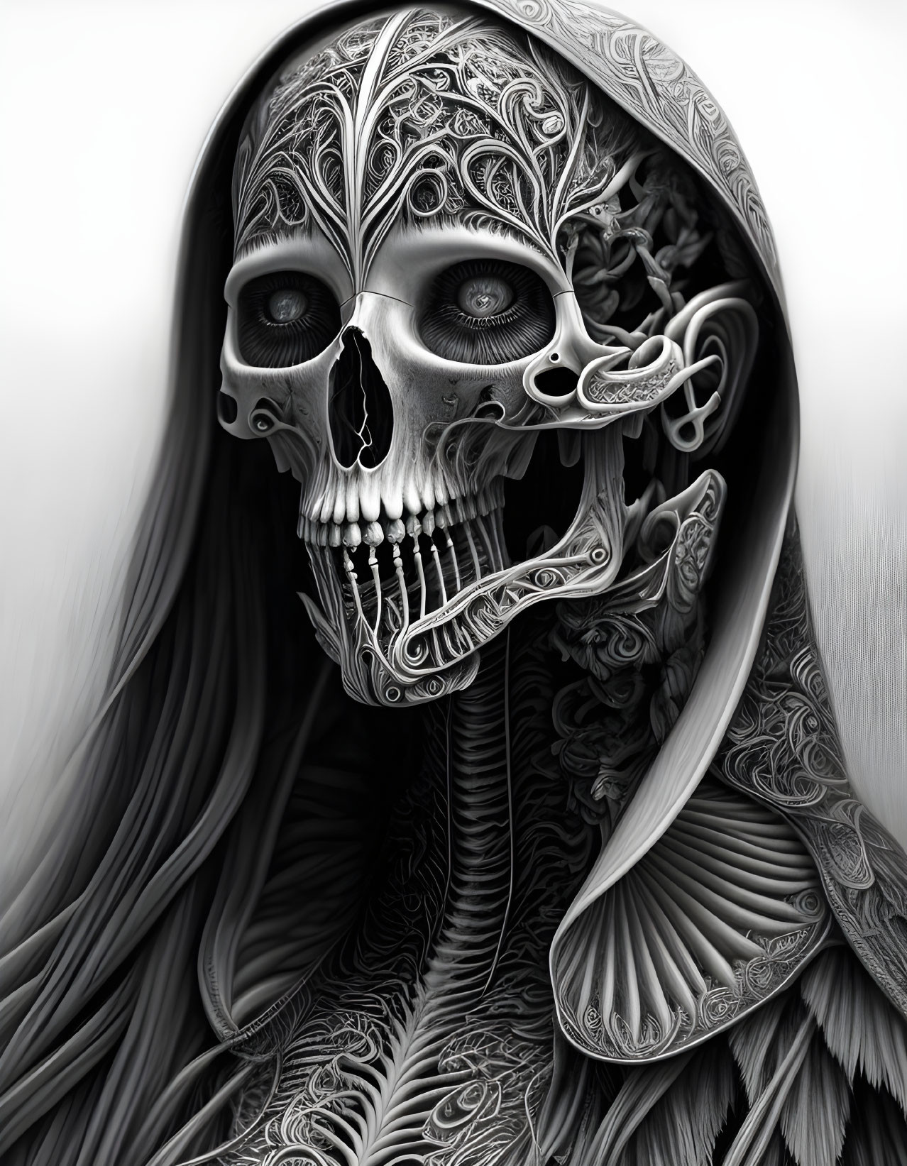 Detailed Monochromatic Skull Illustration with Decorative Patterns