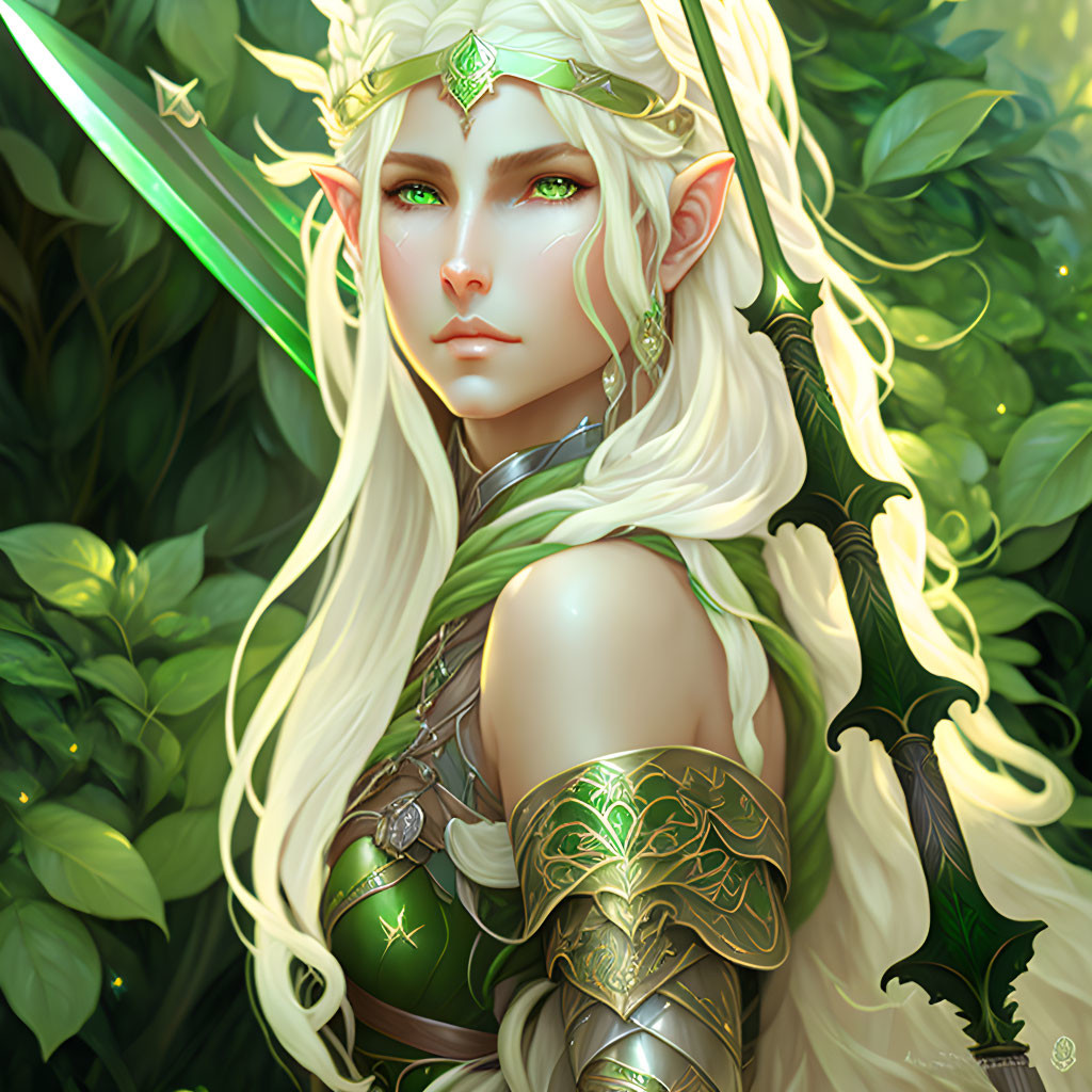 White-haired elf in ornate armor wields glowing sword in lush green setting