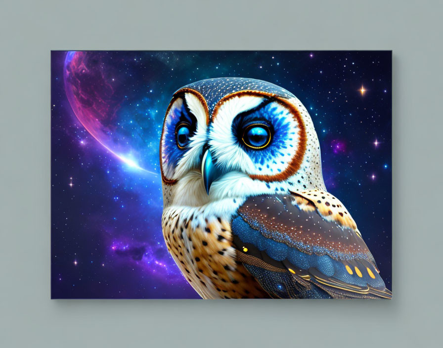 Detailed Owl Art Against Cosmic Background on Canvas