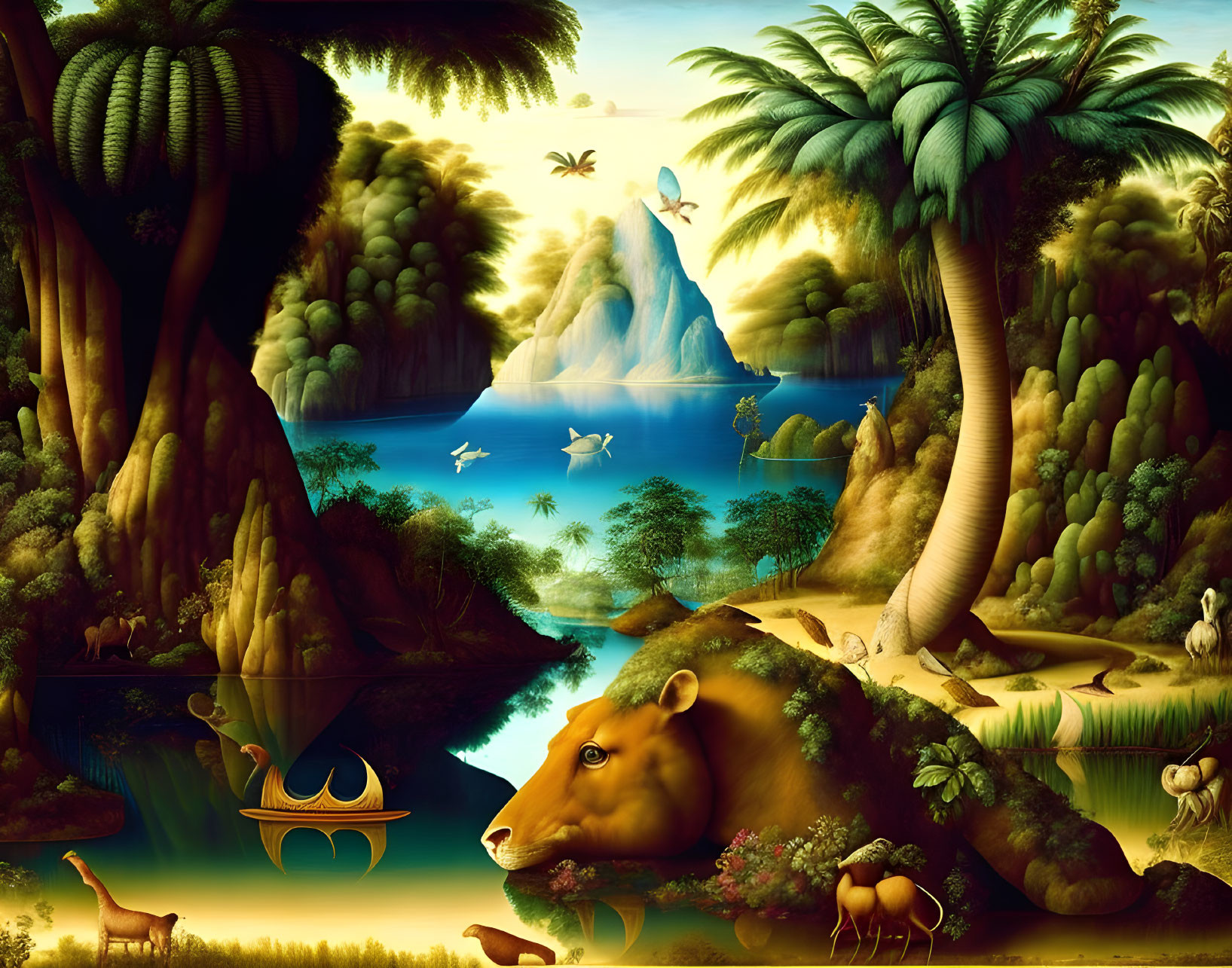 Surreal landscape featuring lion head, exotic trees, lake, birds, and mountains