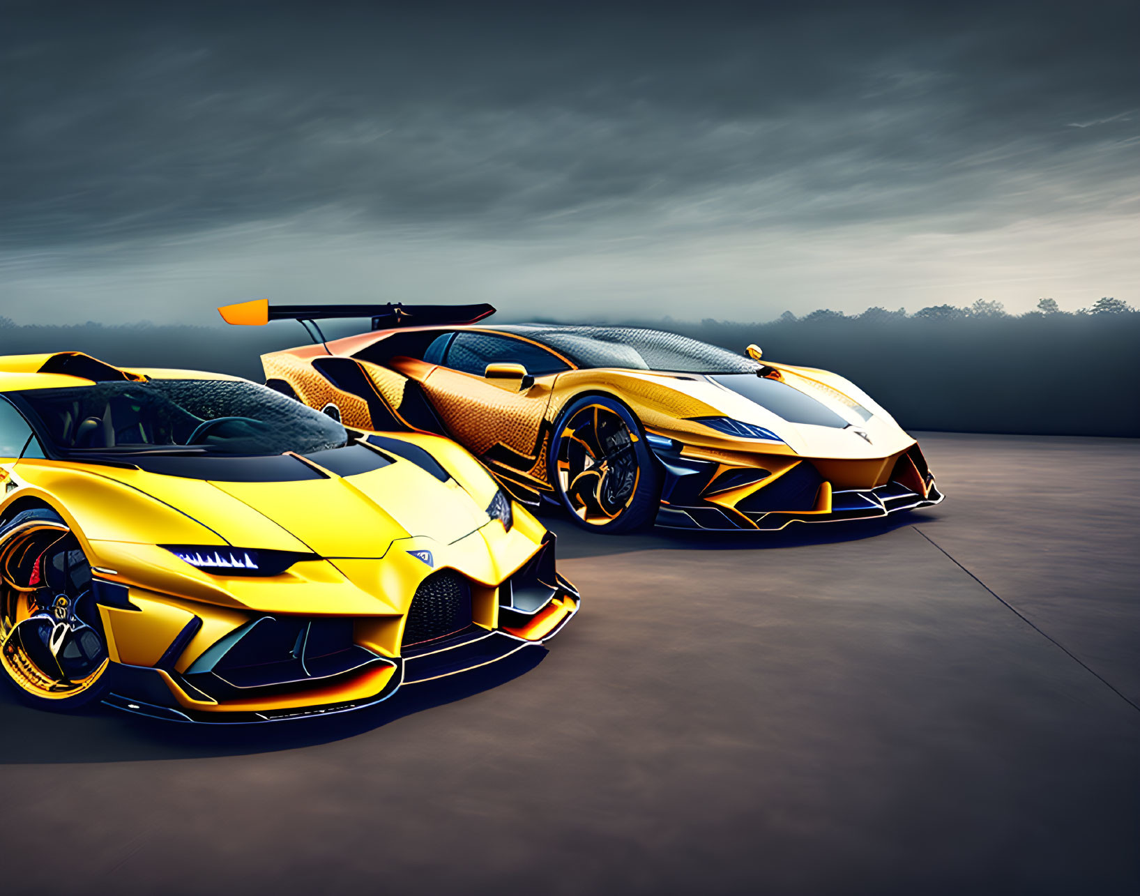 Luxury sports cars in yellow and blue against dusky sky