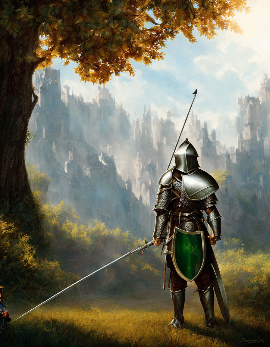 Knight with lance and shield near tree, castle in distance