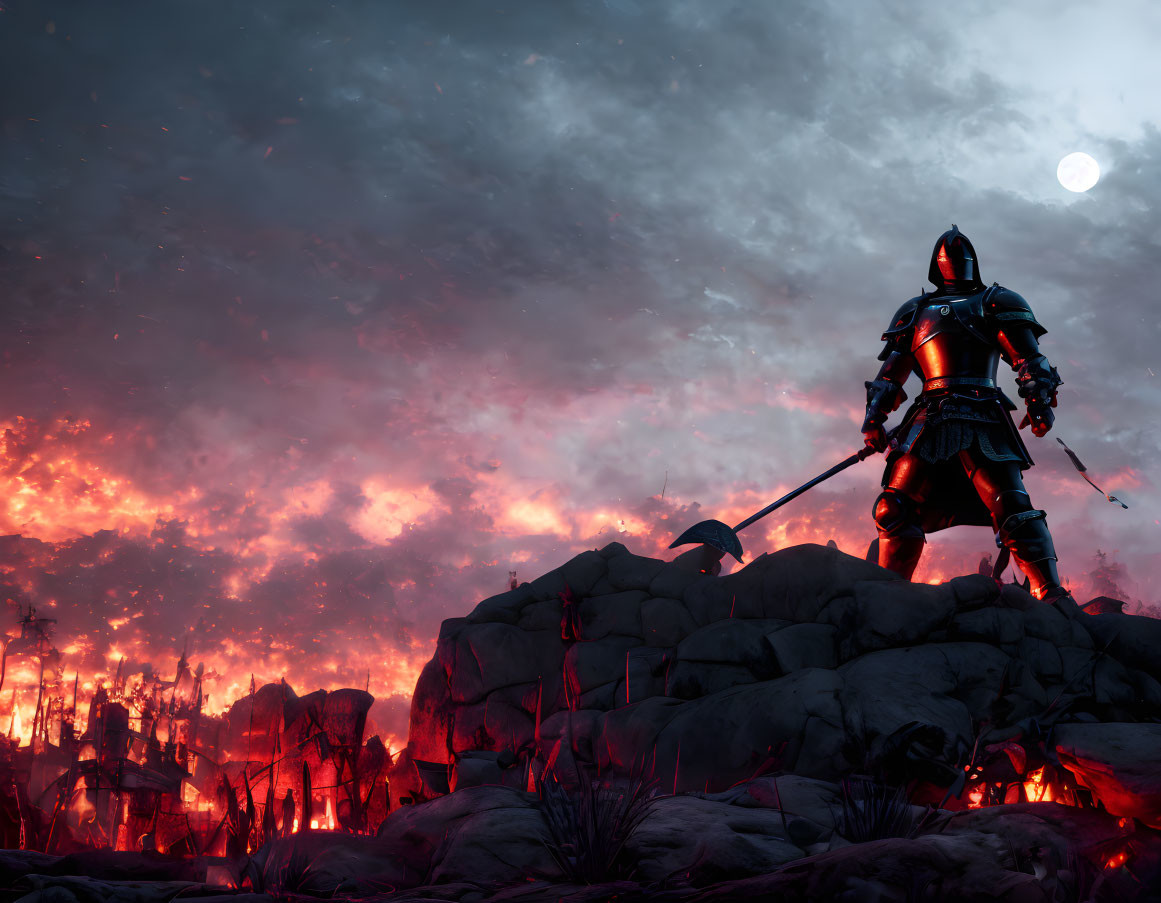 Armored knight overlooking fiery dystopian landscape under full moon