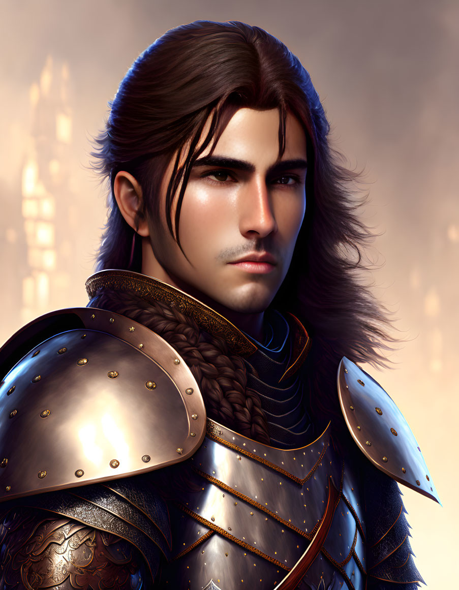 Fantasy armored male warrior illustration with long brown hair