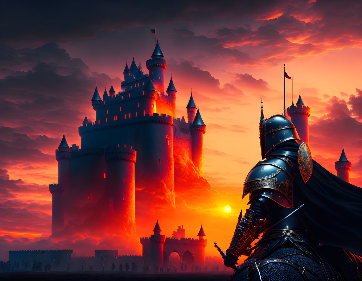 Knight in shining armor admires castle at dramatic sunset