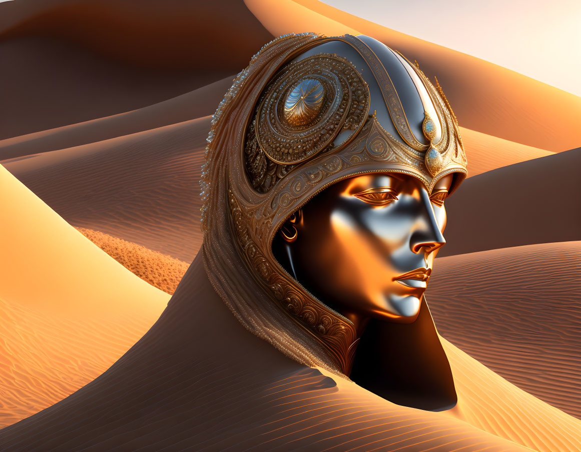 Golden robotic head in futuristic desert scene