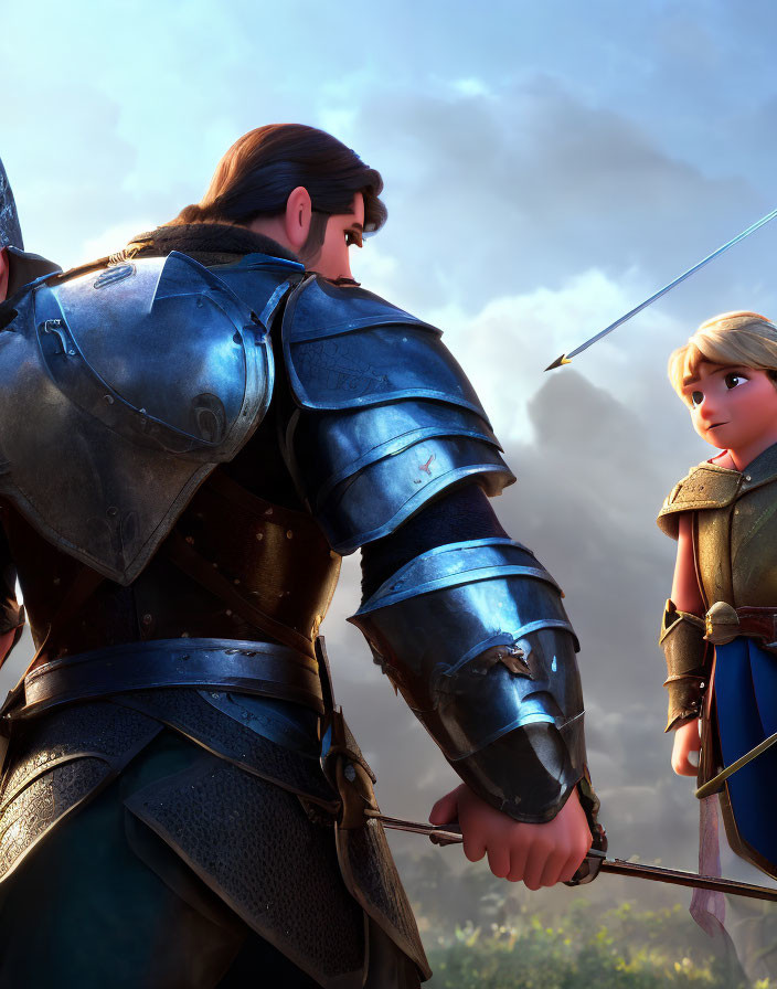 3D animated knight in armor drawing a bow with squire under dramatic sky