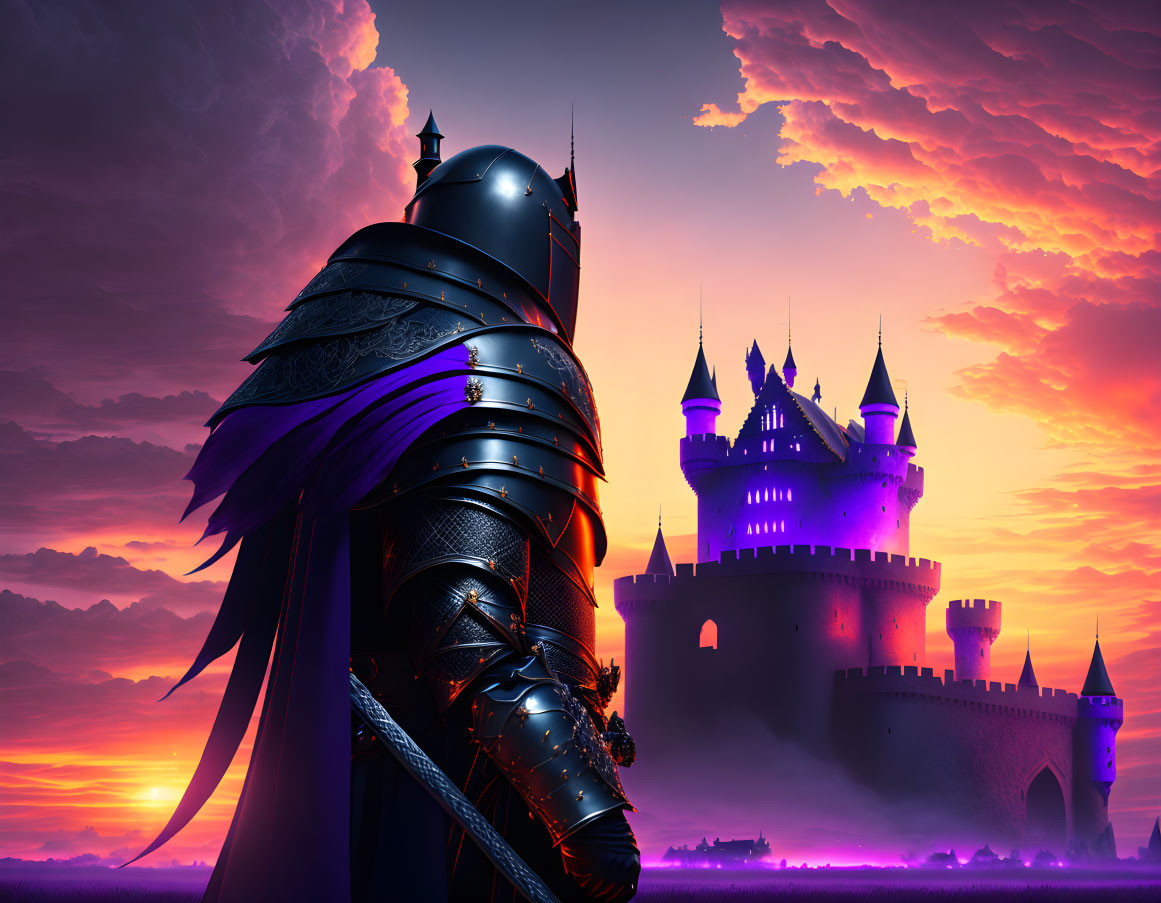 Detailed armor-clad knight gazes at distant castle under purple-orange sunset.