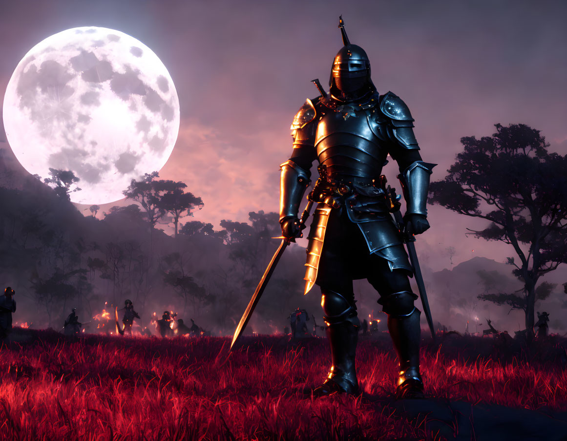 Knight in full armor with sword under full moon and misty, reddish landscape