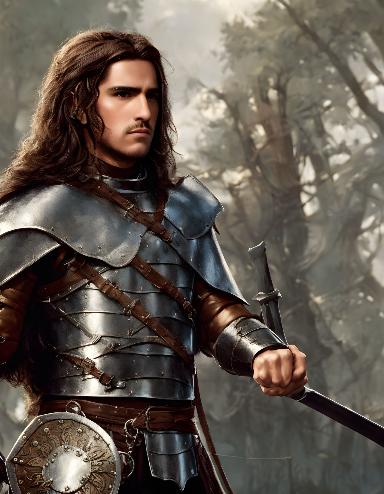 Medieval armor-clad man with long hair and sword in forest setting