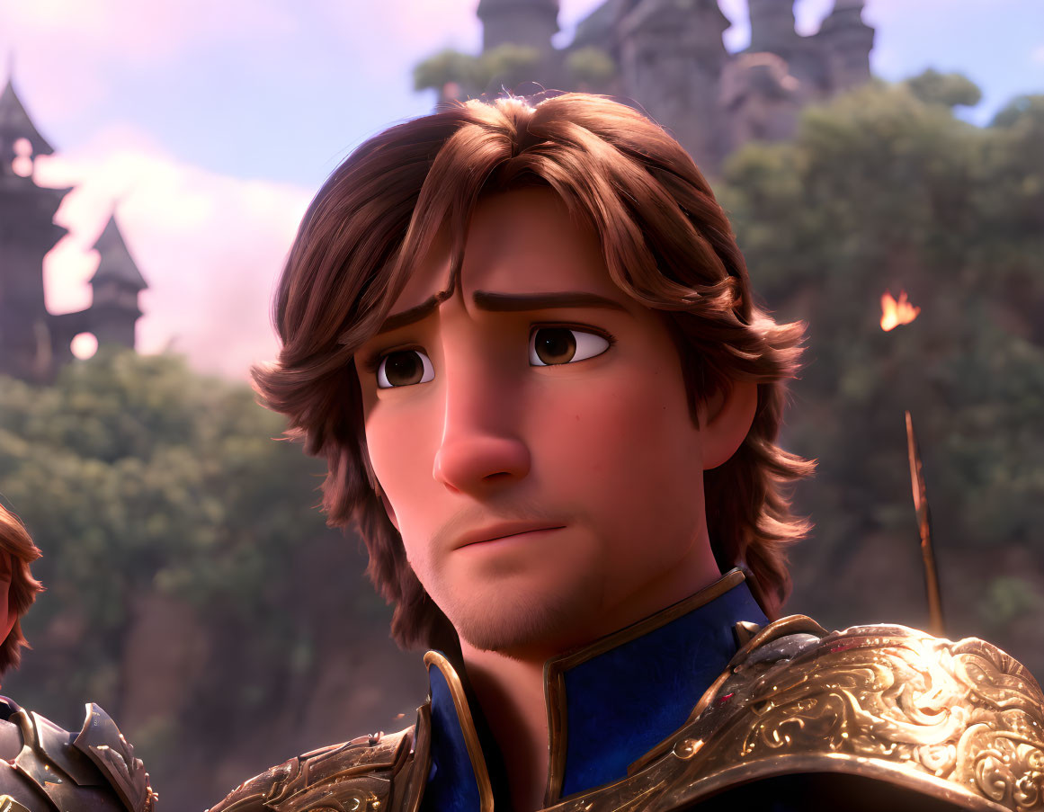 Animated character with brown eyes and hair in ornate armor against forest and castle backdrop