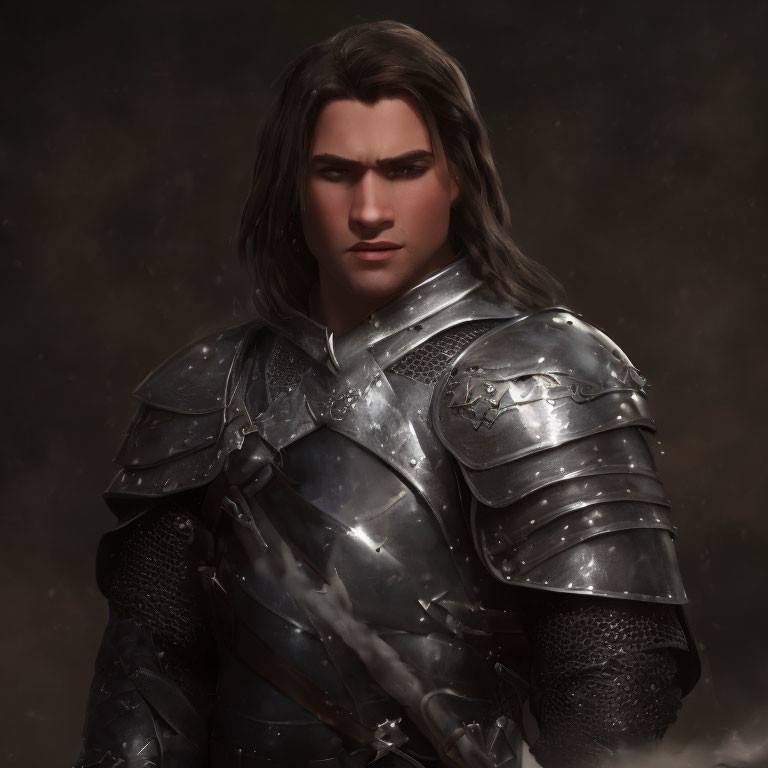 Male character in ornate medieval armor with long hair, digital artwork.