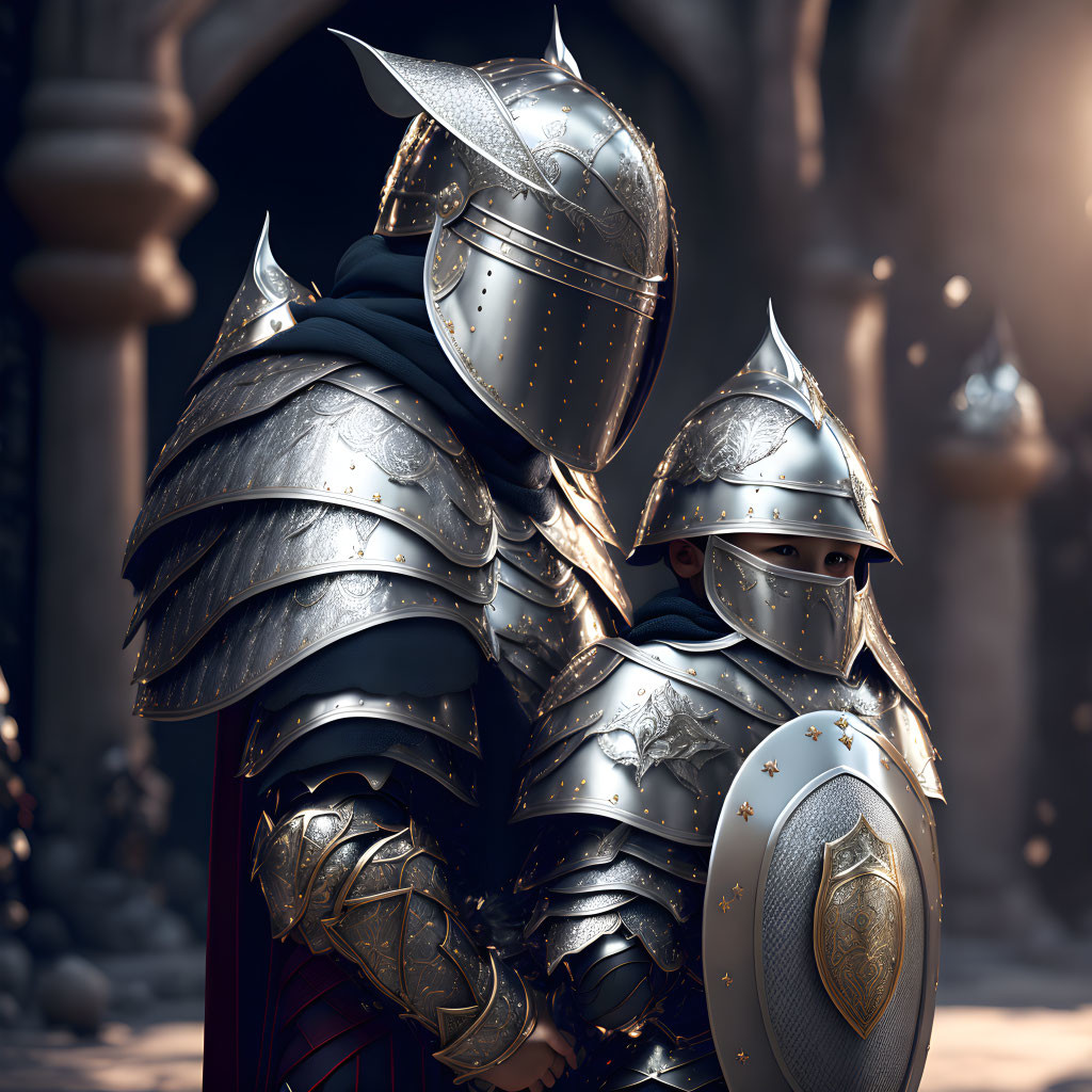 Two knights in ornate armor with shield, standing by stone pillars