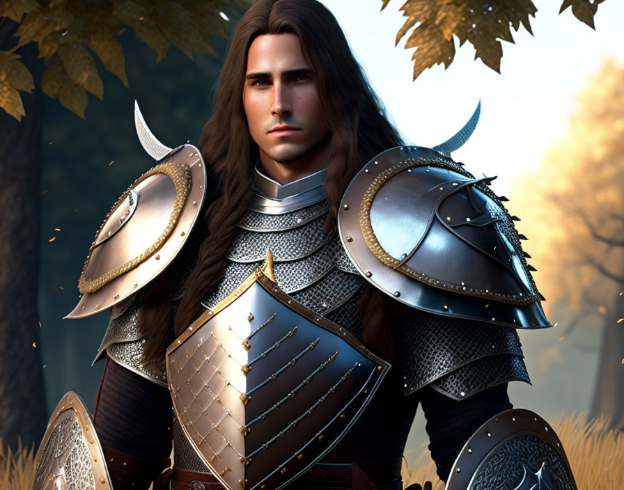 Fantasy male warrior digital art in detailed plate armor amid autumn forest