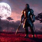 Knight in full armor with sword under full moon and misty, reddish landscape