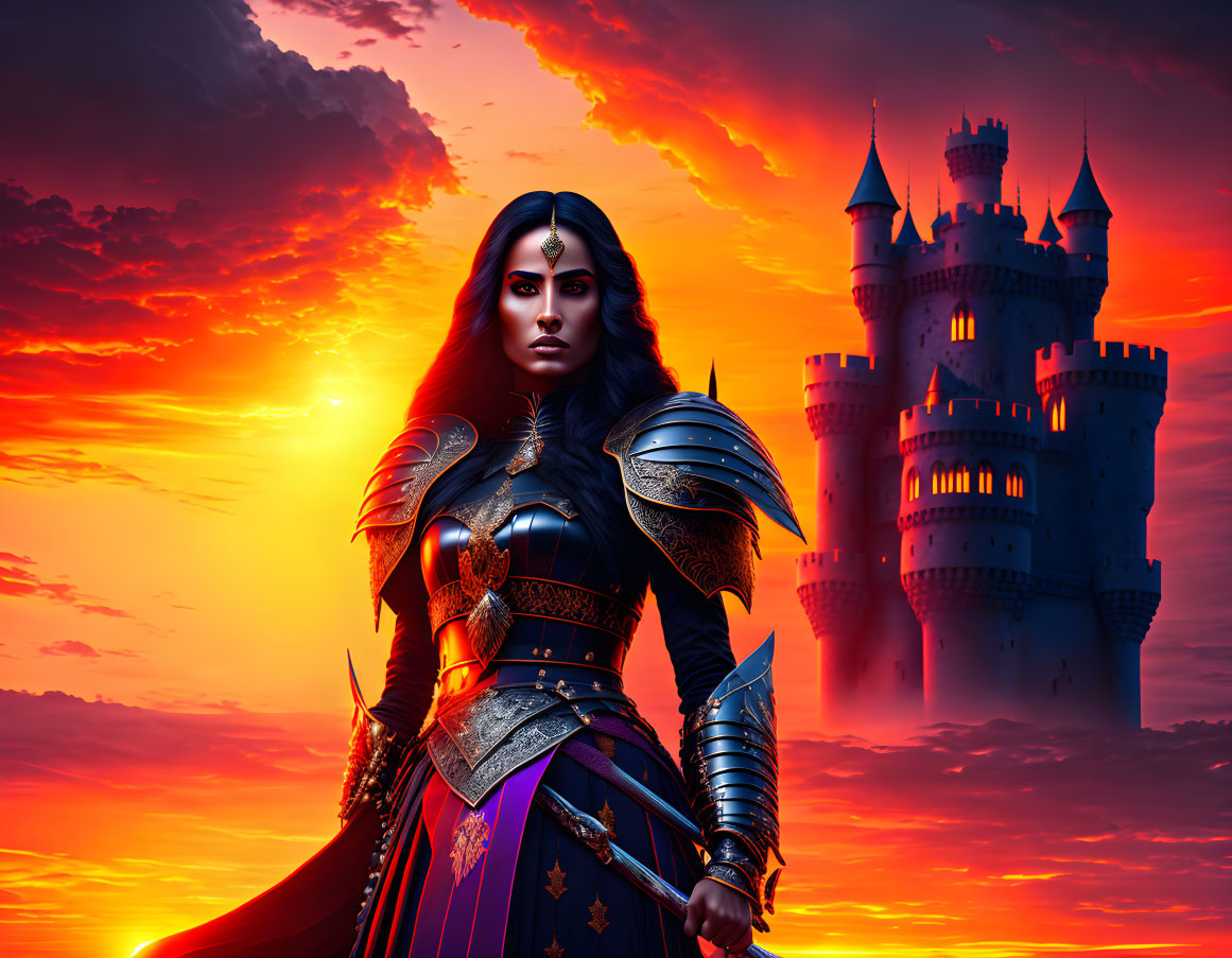 Female warrior in ornate armor at castle with orange sunset sky