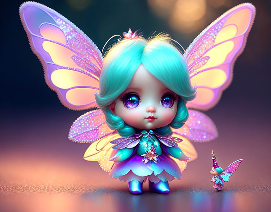 Colorful doll with blue hair and butterfly wings next to a tiny fairy