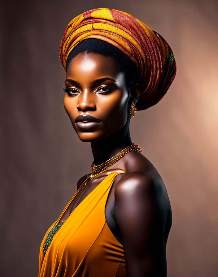 Colorful headwrap and elegant jewelry on poised woman against warm backdrop