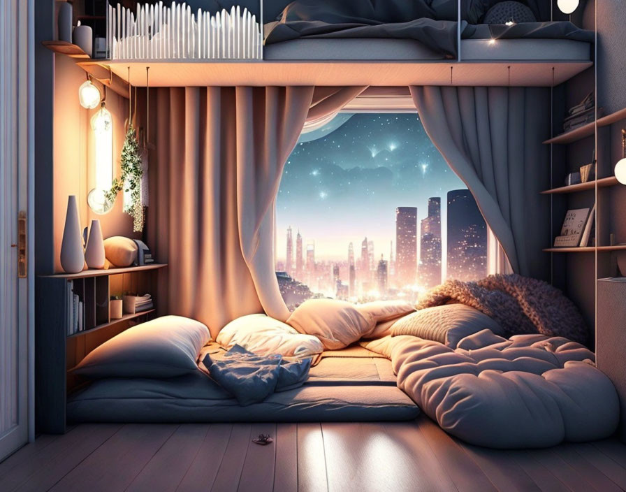 Cozy Cityscape View with Cushions and Curtains