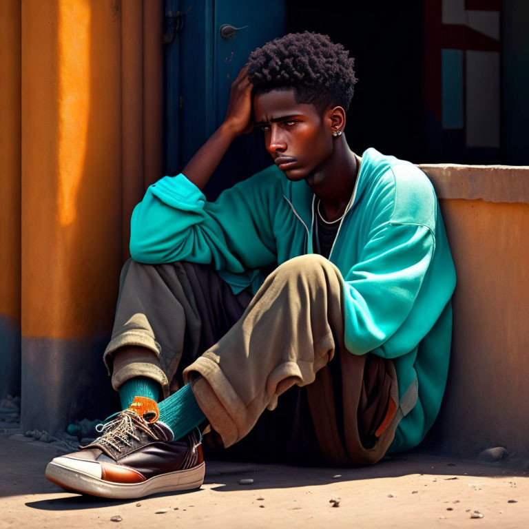 Young person with afro hairstyle in teal sweater against orange wall